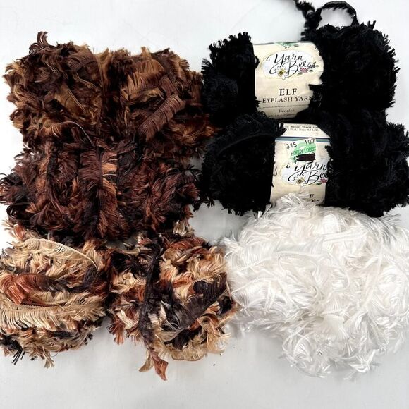 Boa Furs Eyelash Yarn Bee ELF Mixed Lot black browns Neutrals Fun Trim Vintage - Picture 1 of 8